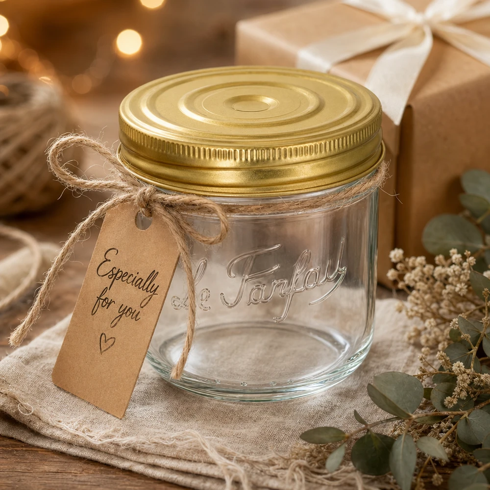 Le Parfait® Familia Wiss 350 g Ø100 mm bocal Verre renversé 415ml Familia Wiss avec couvercle doré et étiquette cadeau décorée sur une table en bois rustique