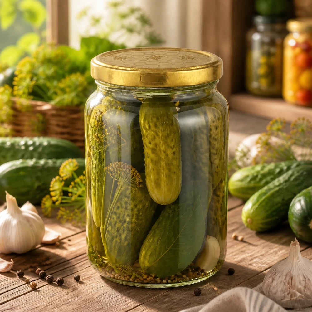 795ml Verre rond avec couvercle BasicSeal nid d'abeilles UNiTWIST Pot de conserve 795ml avec couvercle doré rempli de cornichons marinés et d'aneth sur table en bois