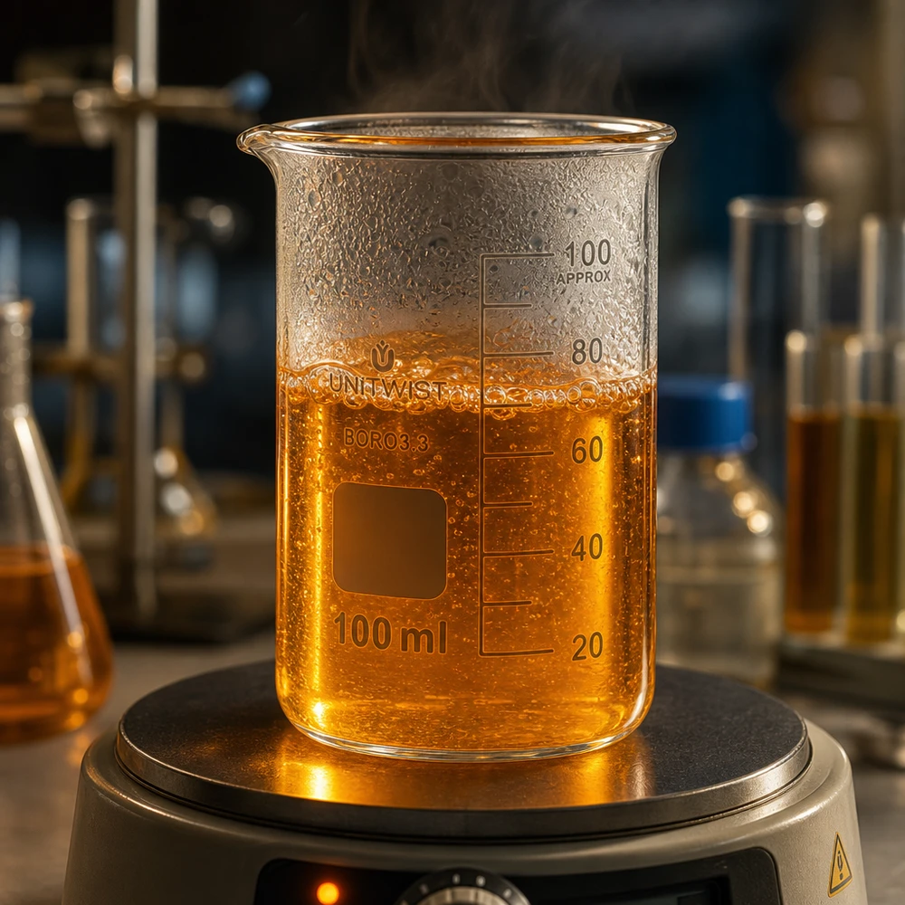 Bécher de laboratoire de chimie de 100 ml, modèle haut, UNITWIST BORO 3.3, contenant une substance ambrée chauffée