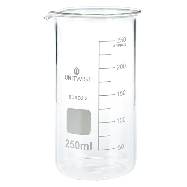 Bécher 250ml borosilicate, forme haute UNITWIST Bécher 250ml borosilicate, forme haute UNITWIST