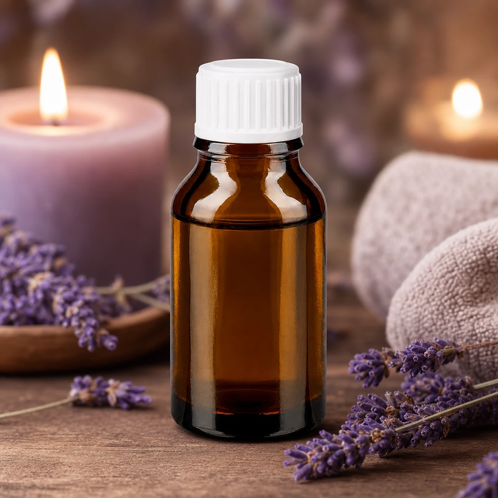 Petite bouteille en verre marron de 30 ml avec un bouchon blanc, entourée de fleurs de lavande et de bougies