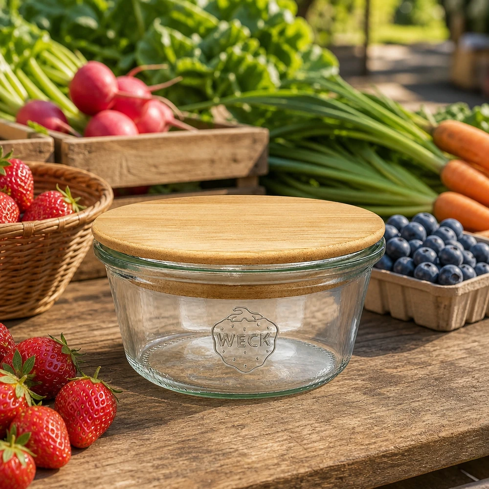 WECK Verre renversé 290ml RR100 avec couvercle en bois de bambou, disposé entre des fruits et légumes frais sur une table en bois rustique