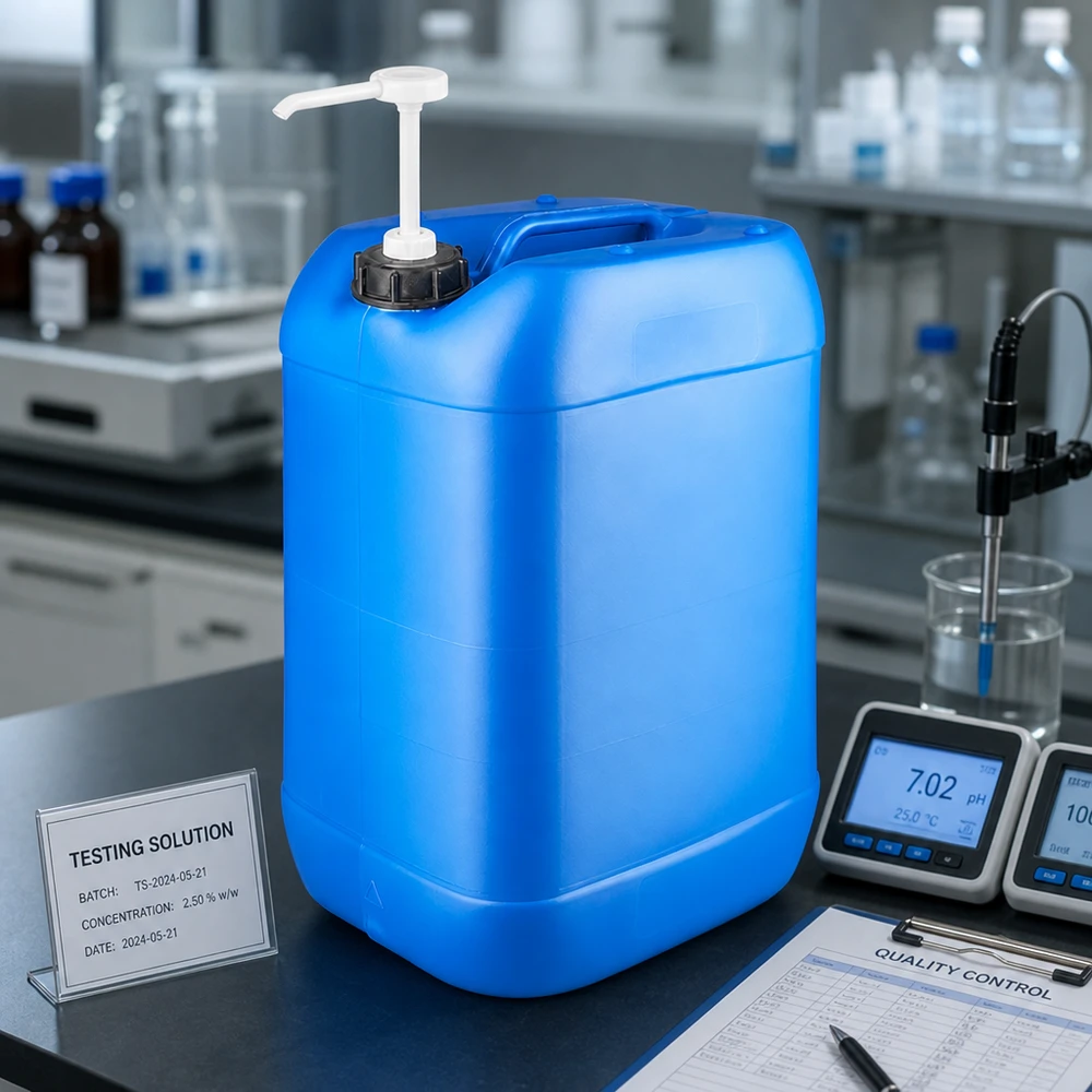 Bidon de 25 litres bleu avec pompe doseuse Grand bidon en plastique bleu de 25 litres, muni d'une pompe blanche et accompagné d'une documentation relative au contrôle qualité en laboratoire