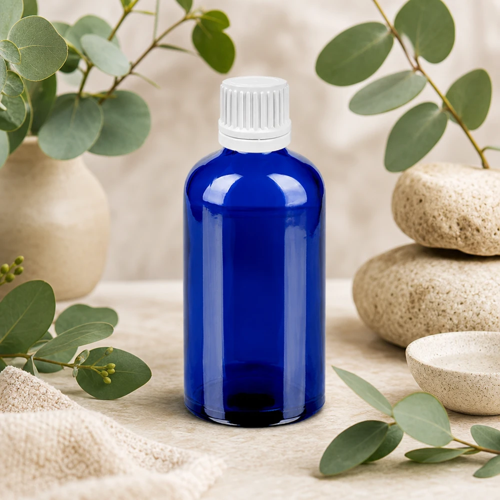 100ml flacon compte-gouttes 0.7mm blanc OV BlueLine UT18/100 Bouteille en verre bleue élégante de 100 ml avec bouchon compte-gouttes blanc - idéale pour les cosmétiques DIY et les soins de la peau