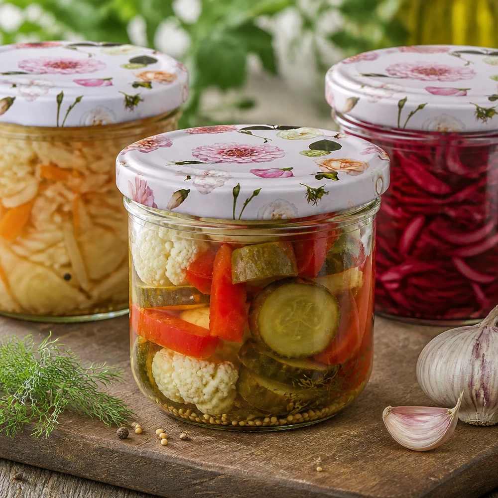 Verres de 260 ml + couvercle BasicSeal fleur rose UNiTWIST Légumes marinés en bocal renversé de 260ml avec couvercle rose à fleurs - bocal pour conserves acides et aliments marinés