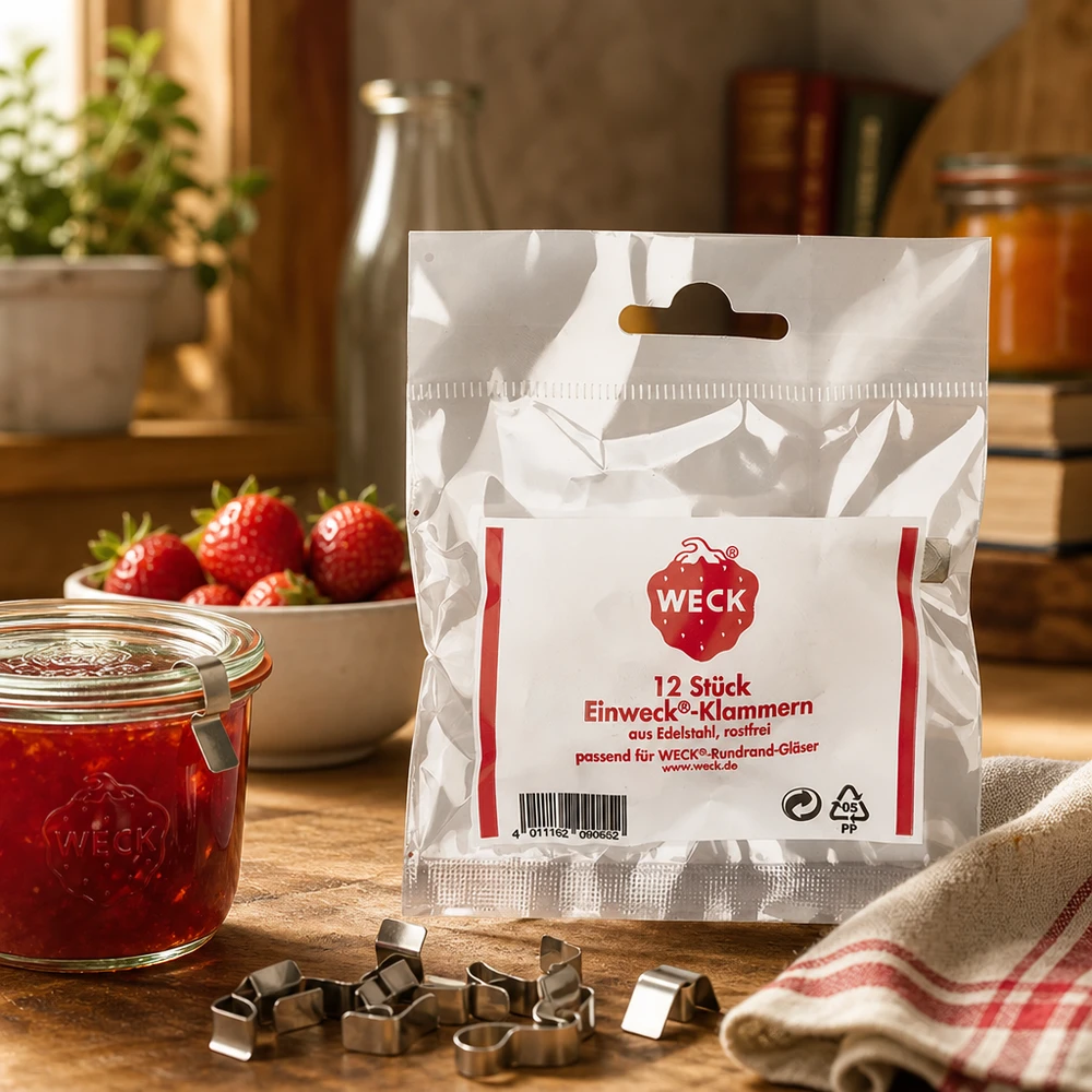 WECK Pinces originales Set de 12 pièces sur table en bois avec bocal de confiture de fraises Cuisine Lifestyle Scène
