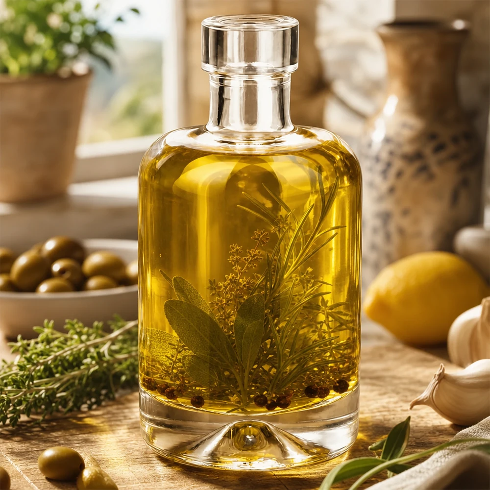 Flacon en verre 50 ml « 50ml Glasflasche "Amelie" ohne Verschluss UNiTWIST » sans bouchon UNiTWIST® Bouteille en verre Amelie 50ml remplie d'huile aux herbes montre l'utilisation pour les huiles d'épices et les vinaigres dans la cuisine