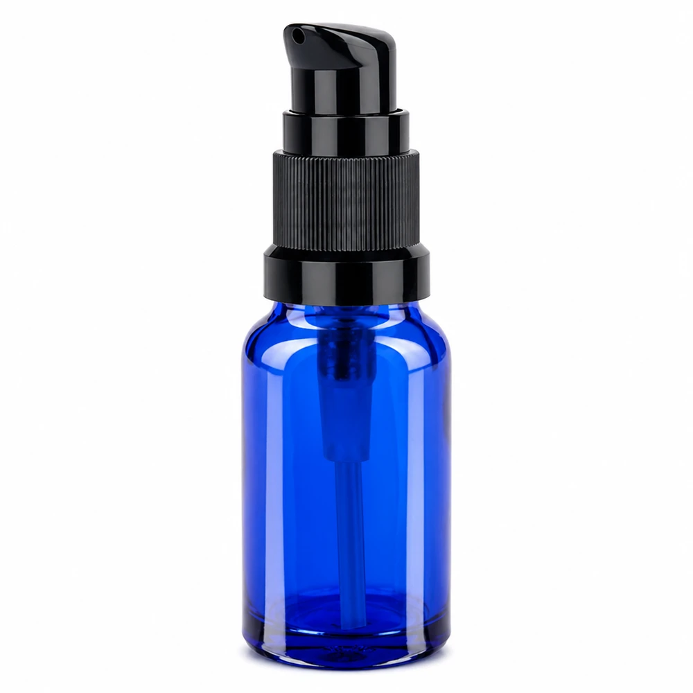 10ml flacon pompe noir STD BlueLine UT18/10 Flacon compact en verre bleu 10ml avec tête de pompe noire BlueLine UT18/10 pour les soins de la peau