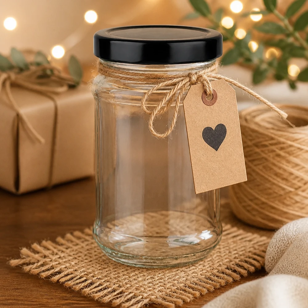 Verre rond de 390 ml avec couvercle noir UNiTWIST comme idée de cadeau avec un pendentif en forme de cœur dans une agréable décoration de Noël
