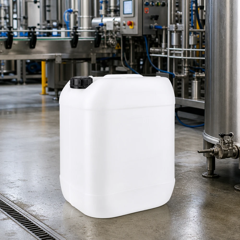 Jerrican de 20 litres avec bouchon à vis Bidon empilable de 20 litres en PEHD, de couleur blanche, muni d'un bouchon à vis étanche