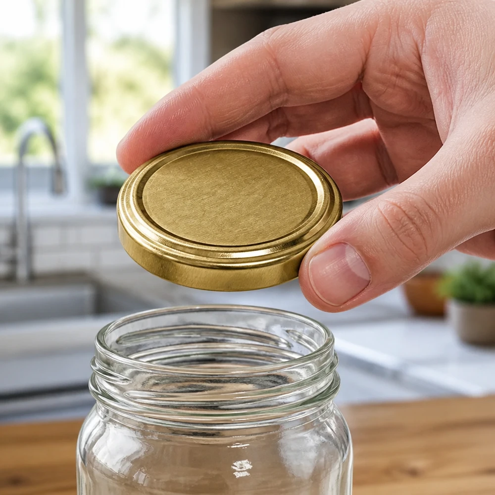 UNiTWIST TO66 or, BioSeal, sans BPA, unitemp Le couvercle métallique doré TO66 UNiTWIST BioSeal unitemp est placé sur un bocal en verre transparent