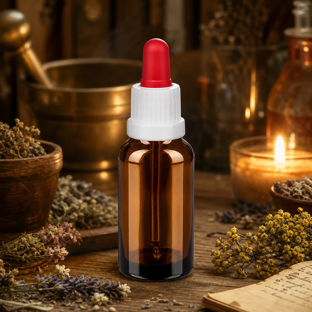 20ml flacon à pipette blanc/rouge OV BrownLine UT18/20 Flacon de laboratoire 20ml BrownLine en verre teinté avec système de pipette anti-fuite pour substances actives