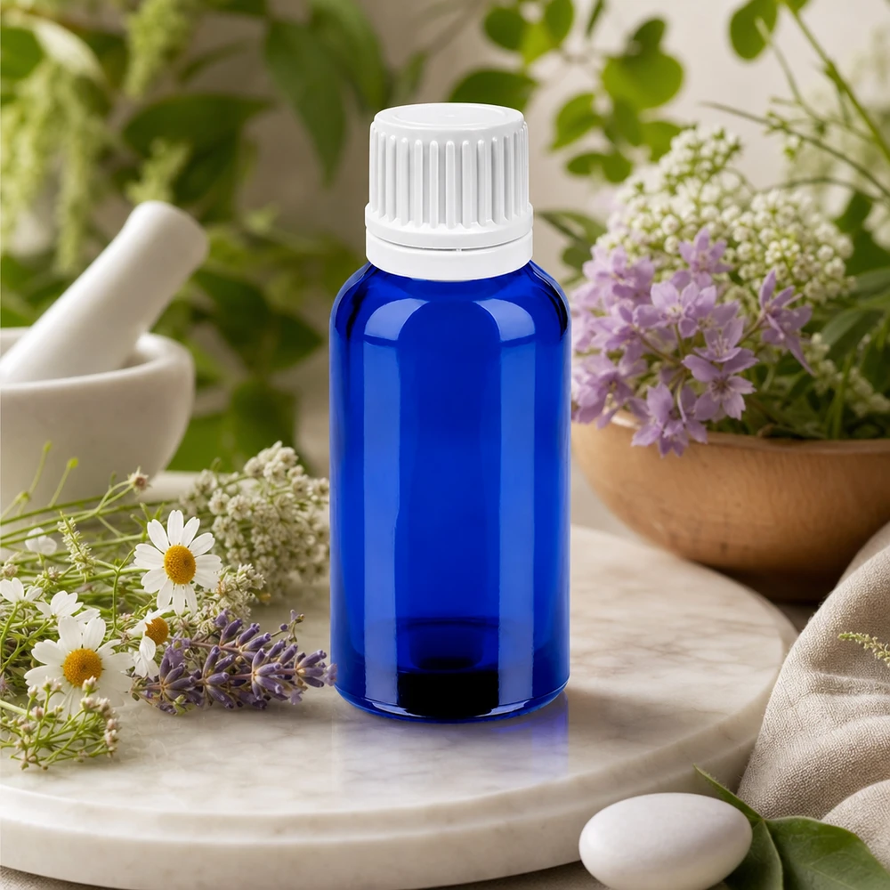 Flacon compte-goutte 30ml 0.7mm blanc OV BlueLine UT18/30 Alternative en verre brun de 30 ml en bleu avec protection UV et système de goutte à goutte précis pour les substances sensibles à la lumière
