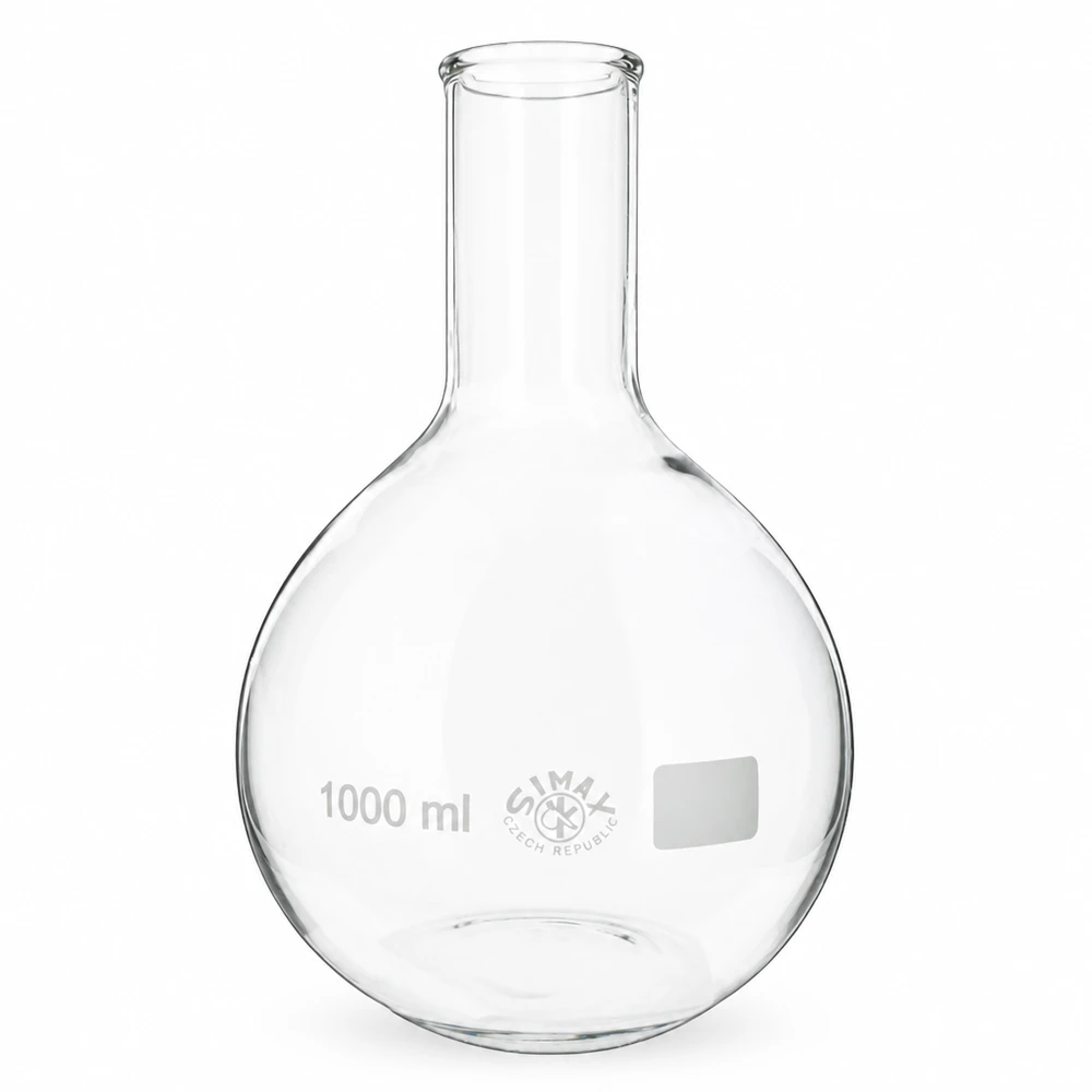 Ballon à fond plat 1000 ml à col étroit, en verre borosilicate avec bord renforcé Ballon sphérique en verre 1000ml à col étroit avec marquage de volume gradué pour le laboratoire