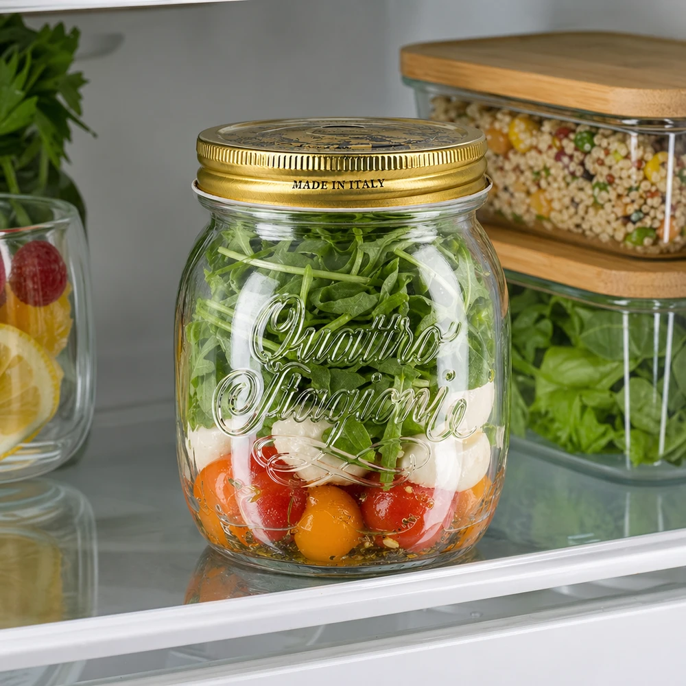 Verre rond 700ml « Quattro Stagioni » avec couvercle Quattro Stagioni 700ml bocal rempli de salade dans le réfrigérateur bocal italien pour Meal Prep et ingrédients frais