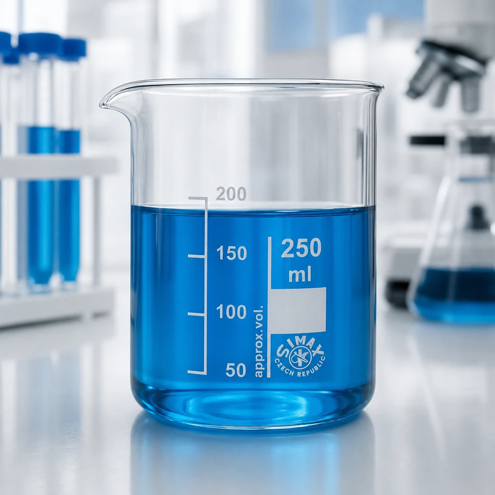 Bécher 250ml en verre borosilicate résistant à la chaleur (forme basse) Gobelet en verre borosilicaté 250ml avec liquide bleu et repères de volume clairement visibles