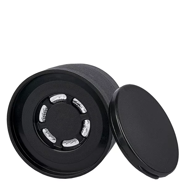 Couvercle du bocal à sel/épices avec Vario Moulin noir - Broyeur acrylique grossier à fin, 6 trous diffuseur ø8mm. Filetage de 41mm. Couvercle Press-on.