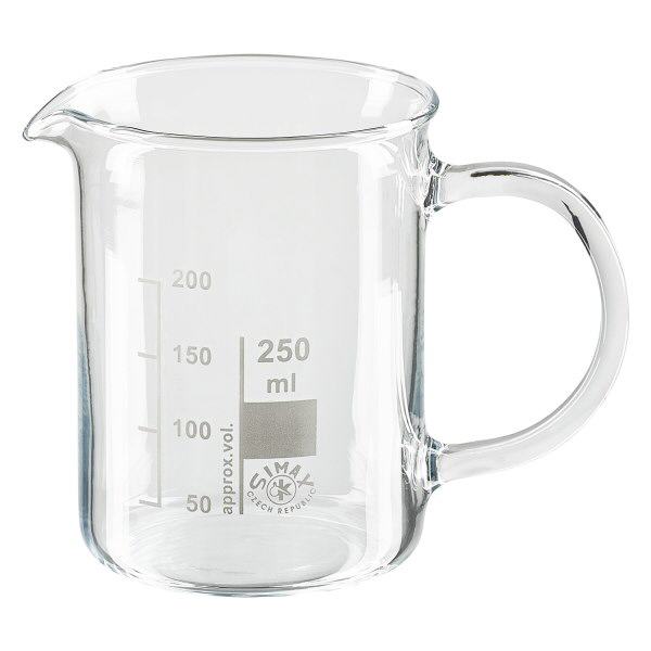 Bécher avec poignée 250ml en verre borosilicate résistant à la chaleur (forme normale) Bécher avec poignée 250ml en verre borosilicate résistant à la chaleur (forme normale)