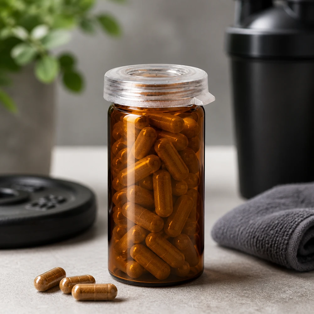 Petit flacon de pharmacie de 5 ml en verre ambré contenant des gélules de compléments alimentaires destinées aux sportifs