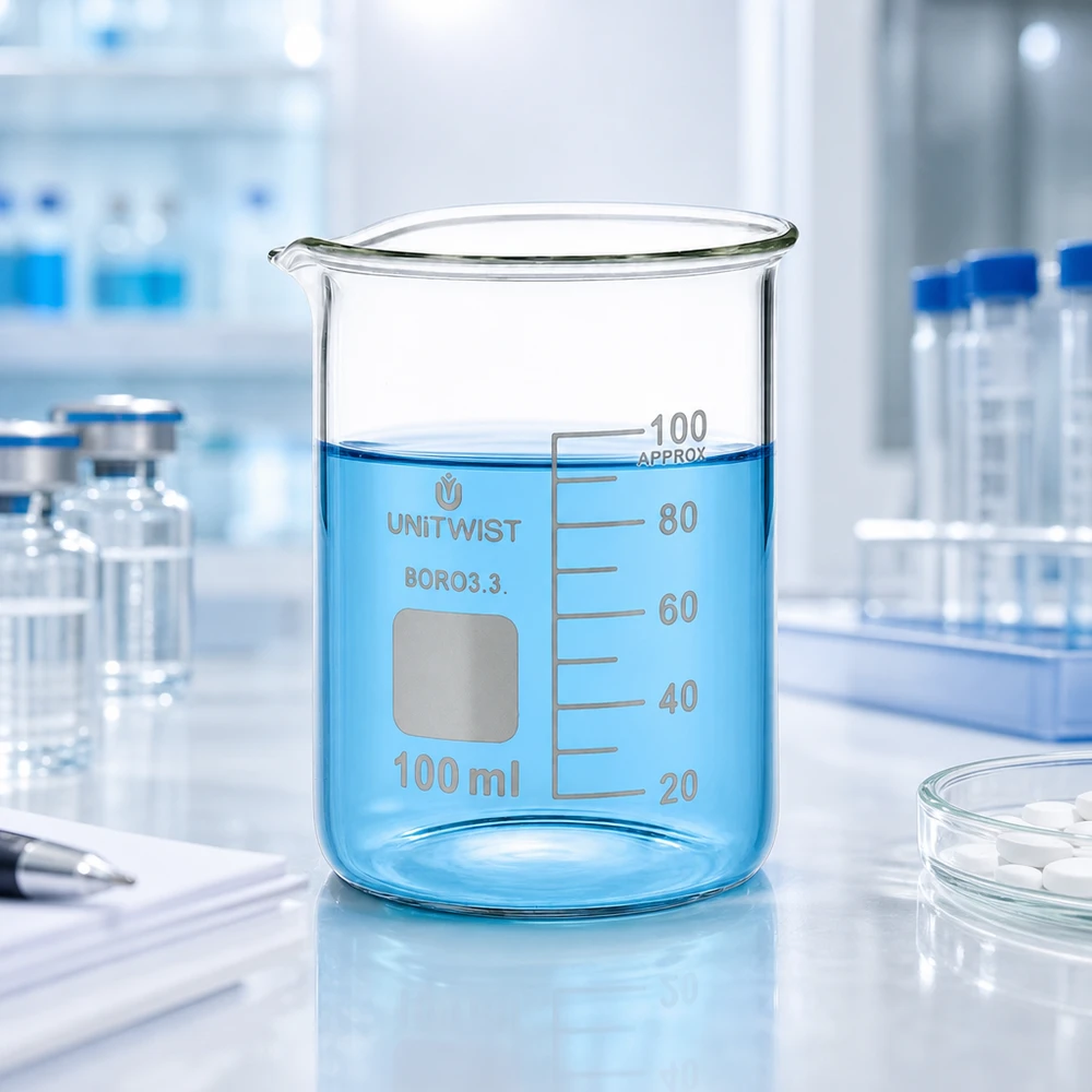 Bécher 100ml borosilicate, forme basse UNiTWIST Verre à bec transparent de 100 ml, borosilicate 3.3, UNiTWIST, destiné aux applications de laboratoire chimique