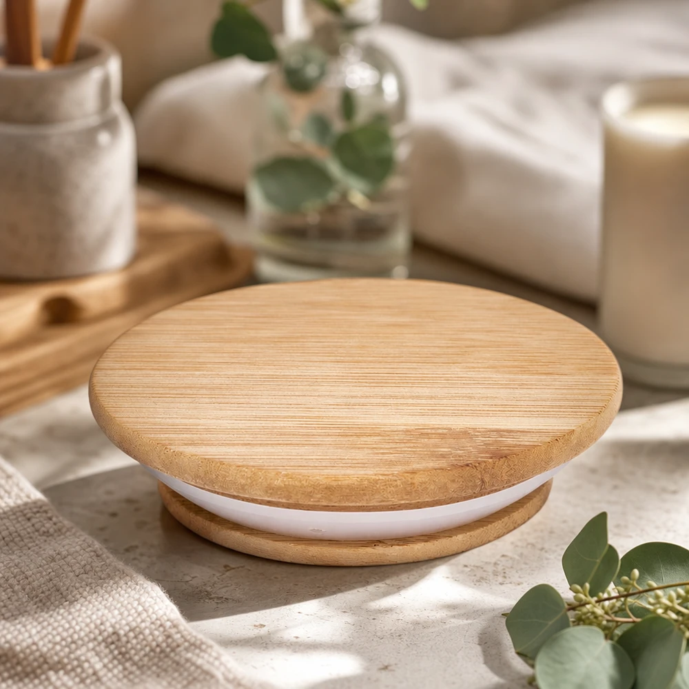Couvercle en bois RR100 WECK Couvercle en bois version A WECK RR100 Lifestyle ambiance salle de bain décoration bois naturel blanc joint silicone