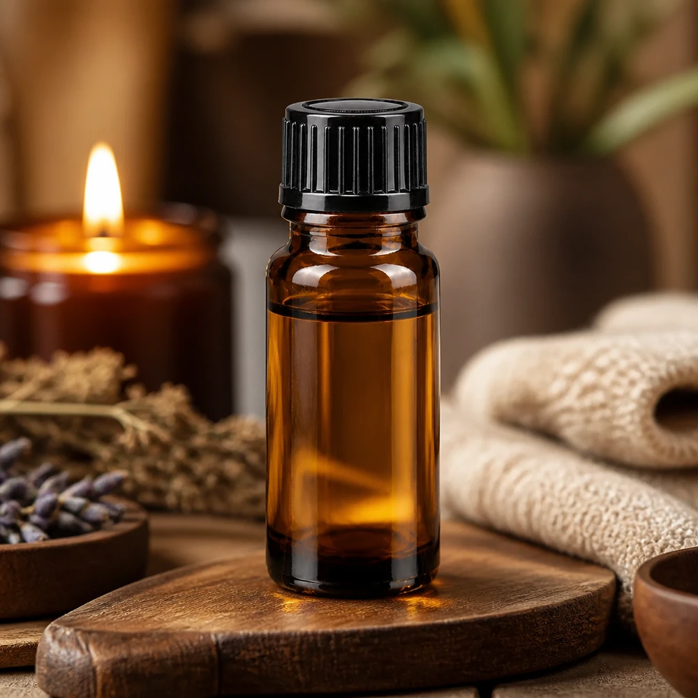 Flacon en verre de 10 ml couleur ambre muni d'un compte-gouttes noir, dans une ambiance bien-être rustique