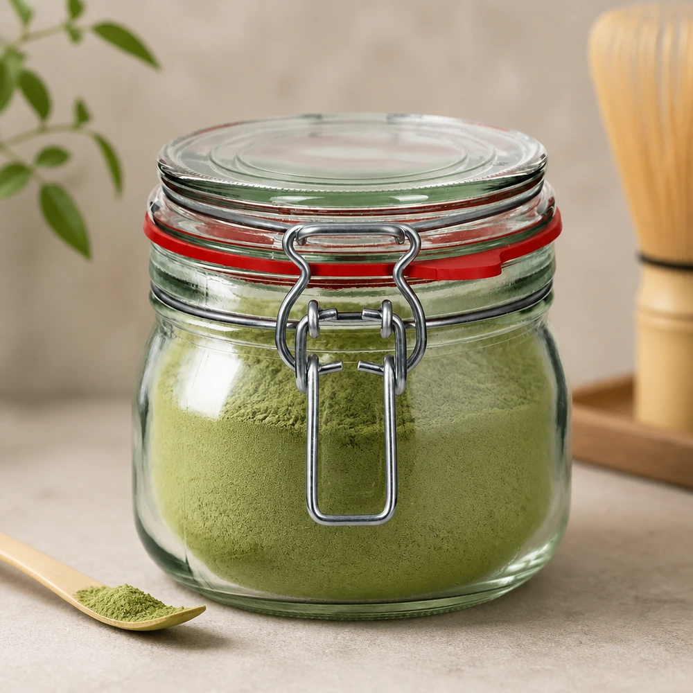 Bocal de conservation de 634 ml, type G, avec bouchon à clip UN.. Verre de 634 ml avec fermeture à étrier rempli de poudre de Matcha verte pour une fraîcheur optimale