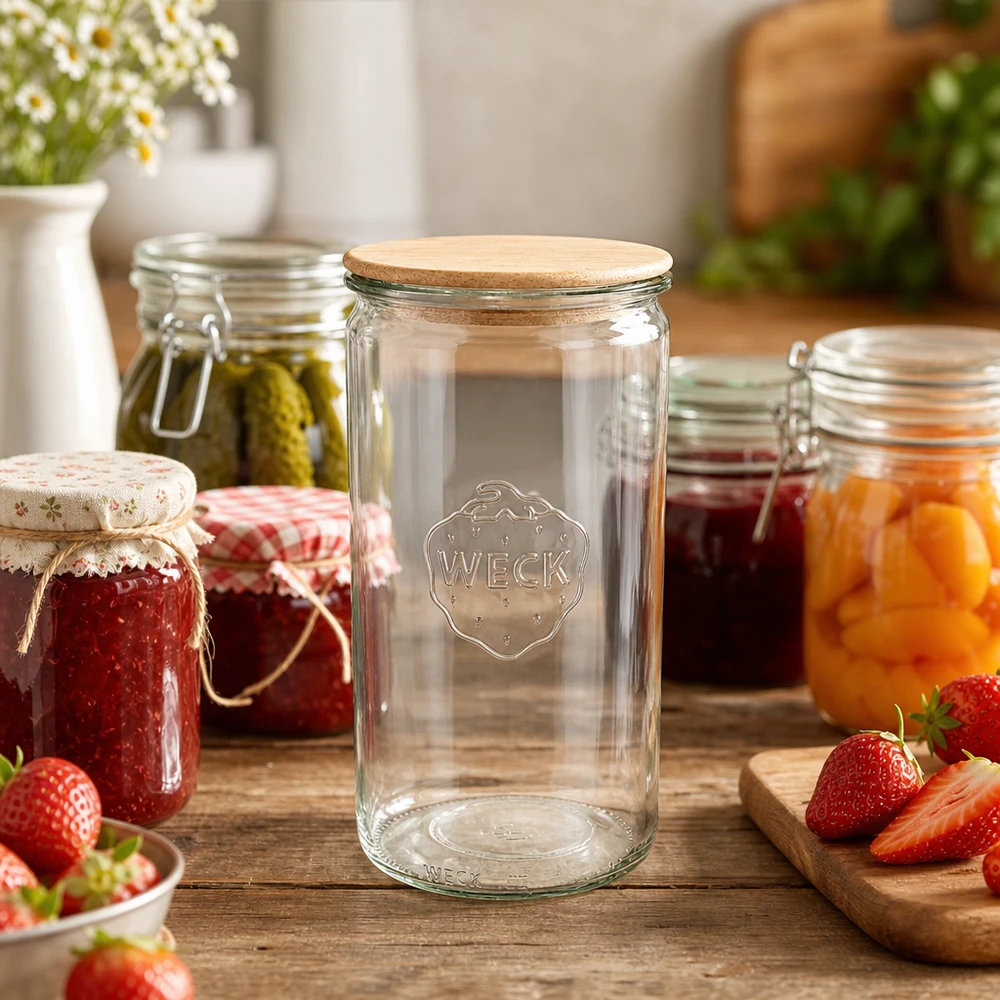 1590ml bocal cylindrique WECK RR100 avec couvercle en bois WECK Pot de conserve 1590ml RR100 dans scène de cuisine avec confiture et fraises fraîches sur table en bois