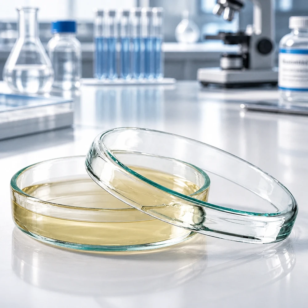 Deux boîtes de Pétri en verre de 70 x 15 mm empilées l'une sur l'autre et contenant de l'agar de couleur crème dans un laboratoire de recherche