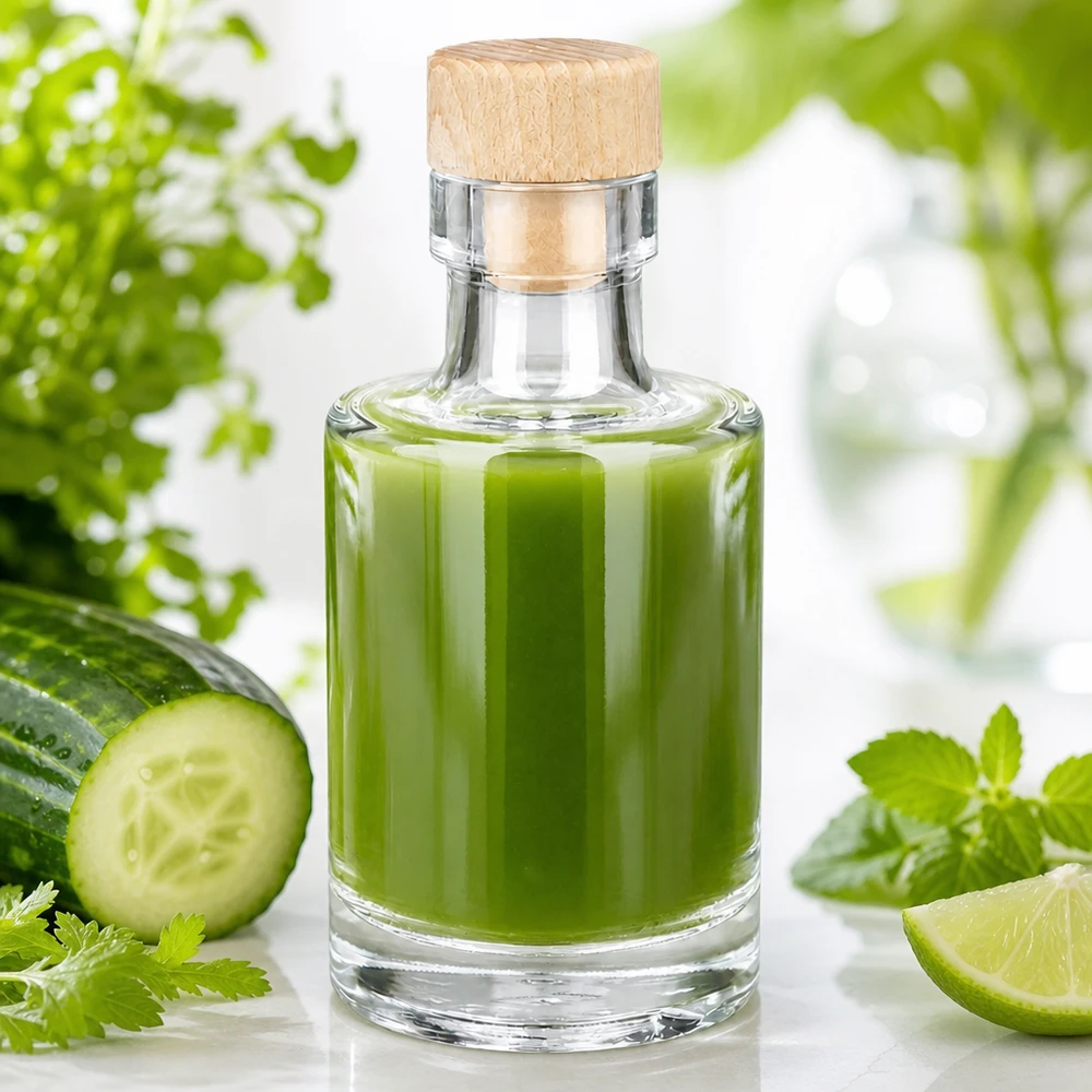 Bouteille en verre Marie de 100 ml avec bouchon en bois remplie de smoothie vert à côté de concombre citron vert et d'herbes Setup frais