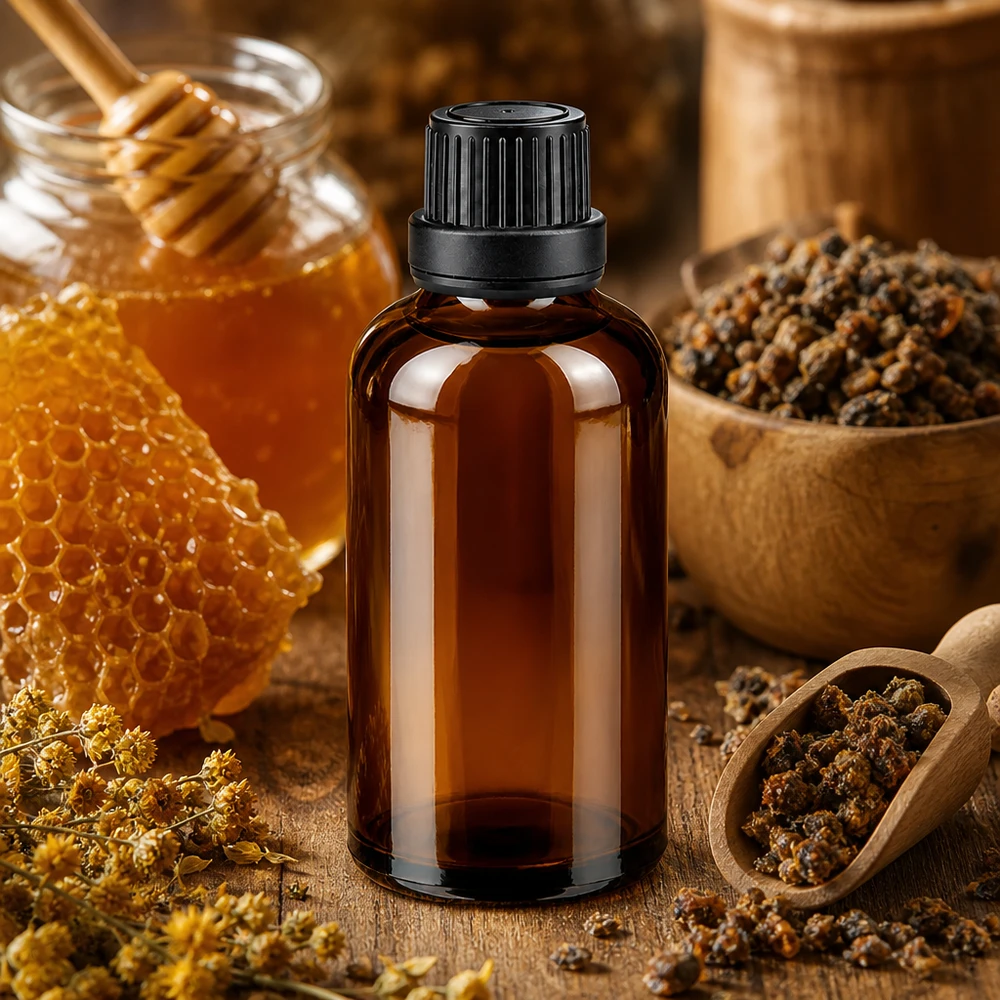 Petite bouteille en verre brun de 50 ml avec bouchon de sécurité enfant, destinée à la médecine naturelle et à l'apiculture