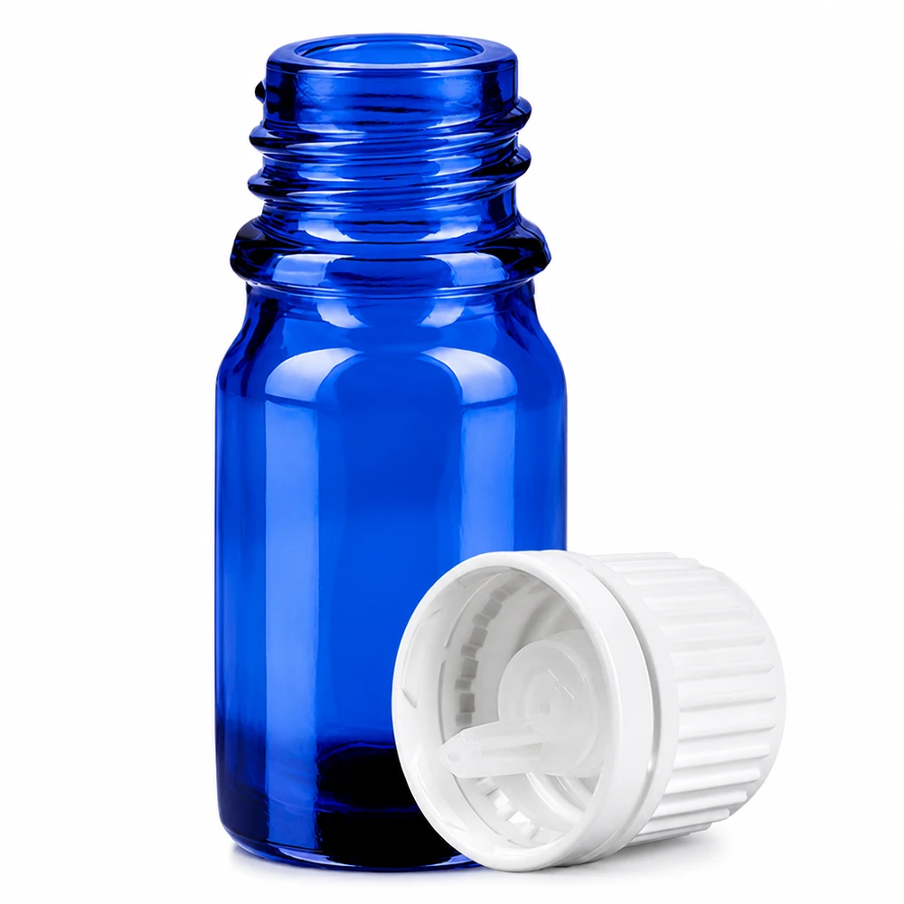 Flacon compte-goutte 5ml 0.7mm blanc OV BlueLine UT18/5 Flacon compte-gouttes compact de 5 ml bleu cobalt avec bouchon blanc à l'épreuve des enfants