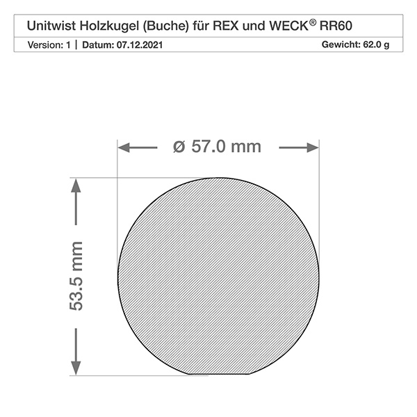 140ml bocal conique WECK RR60 avec boule en bois en hêtre Dessin technique Sphère en bois de hêtre Couvercle WECK RR60 600ml verre Dimensions 57mm diamètre 63,5mm hauteur Poids 62g