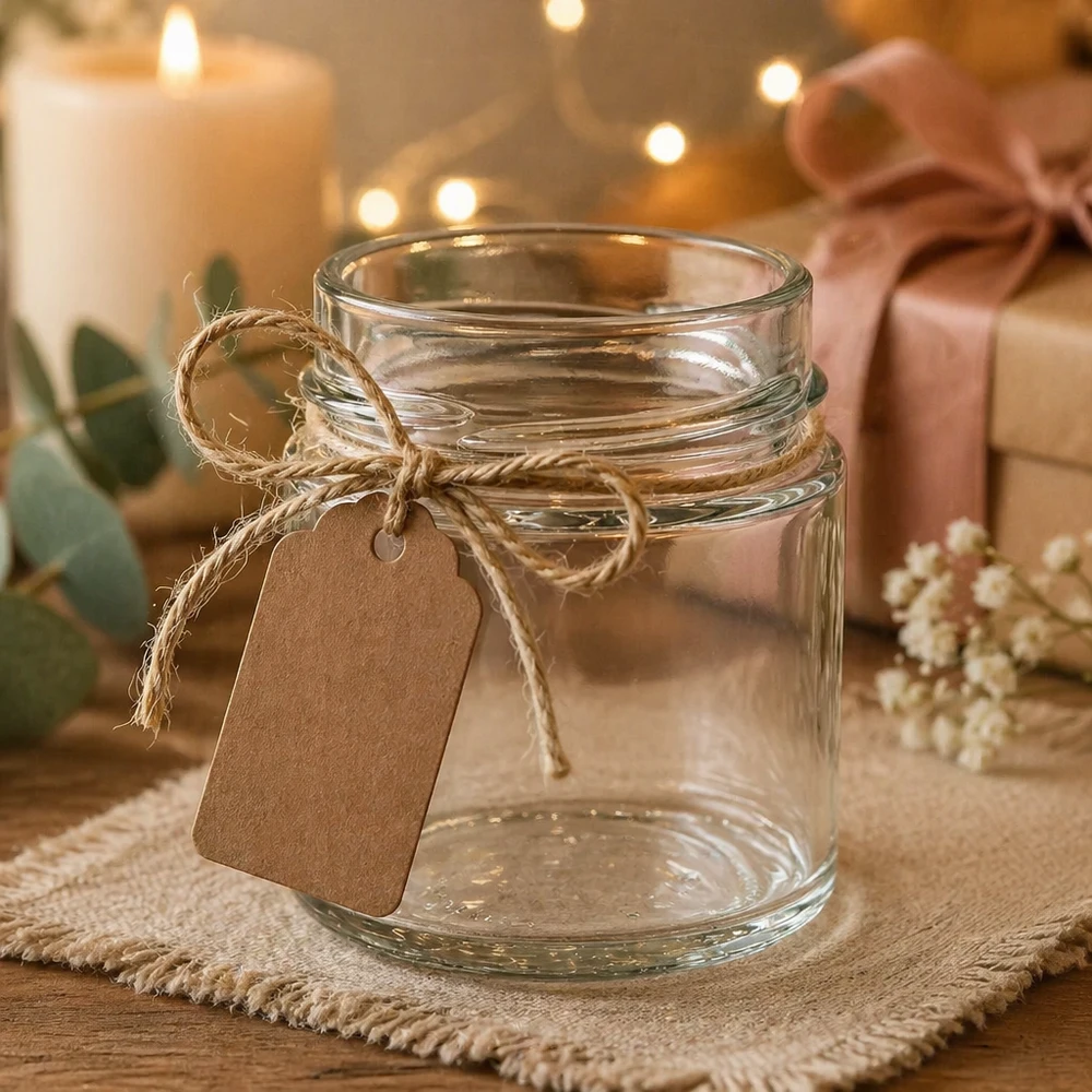 UNiTWIST Verre rond 135ml TO58deep vide avec ficelle de jute et pendentif en papier kraft décoré sur une table en bois rustique