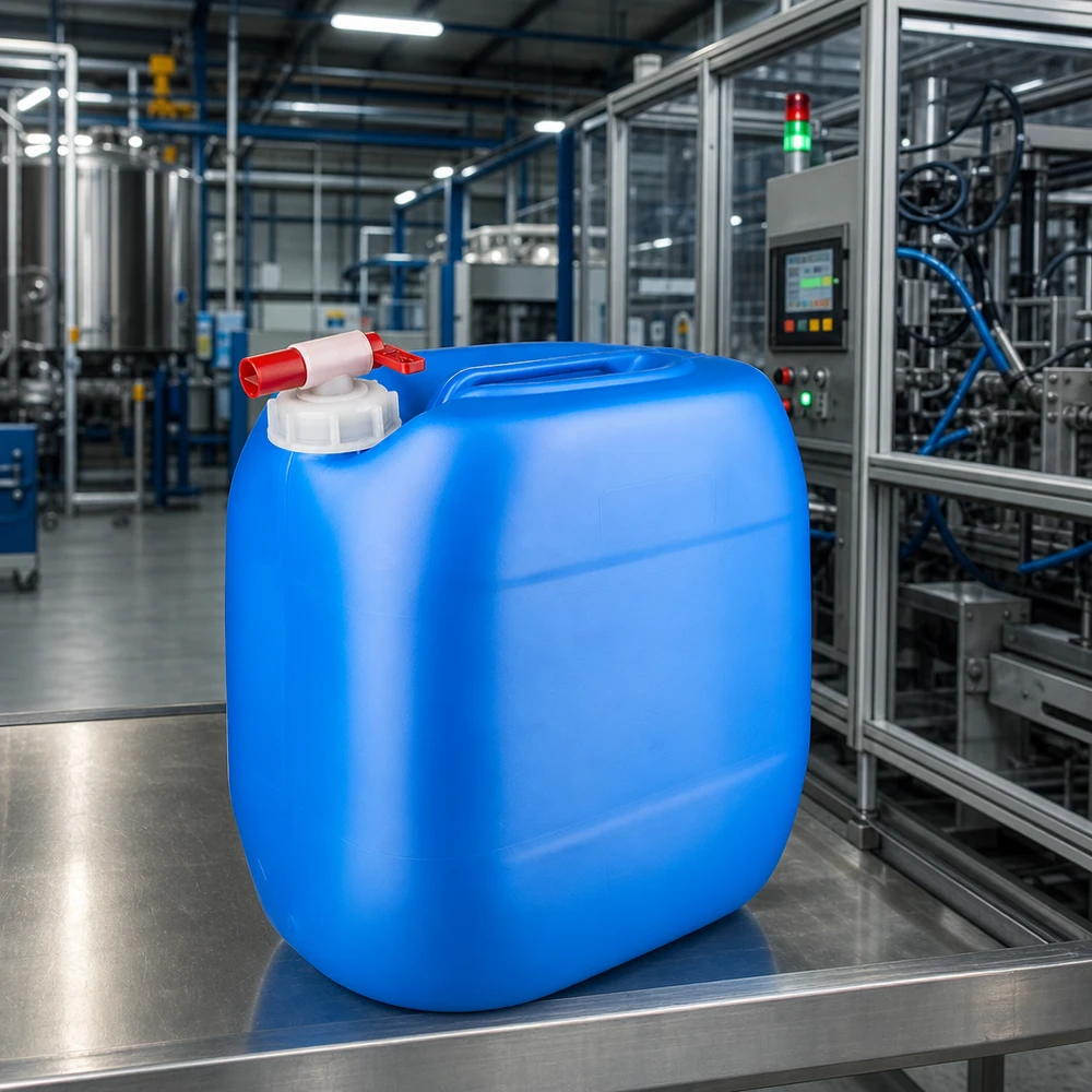 Bidon 30 litres bleu avec robinet Bidon en plastique de 30 litres adapté au contact alimentaire, équipé d'un robinet verseur, fabriqué dans une usine de production moderne