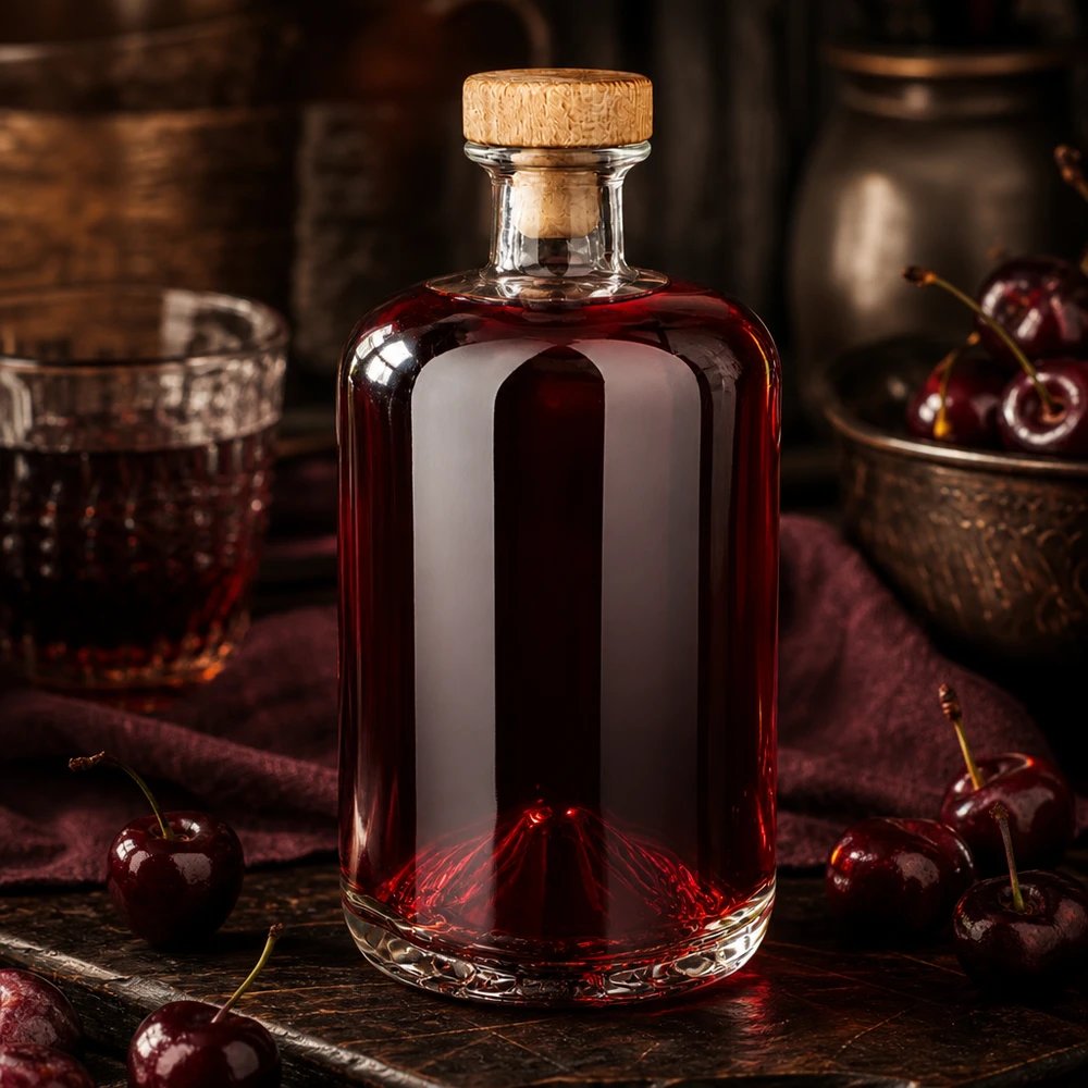 Flacon à pharmacie 700 ml « Sofia » avec bouchon en bois UNiTWIST® Elegante 700ml Glasflasche Sofia mit Holzkorken gefüllt mit rotem Kirschlikör auf rustikalem Holztisch mit Kirschen