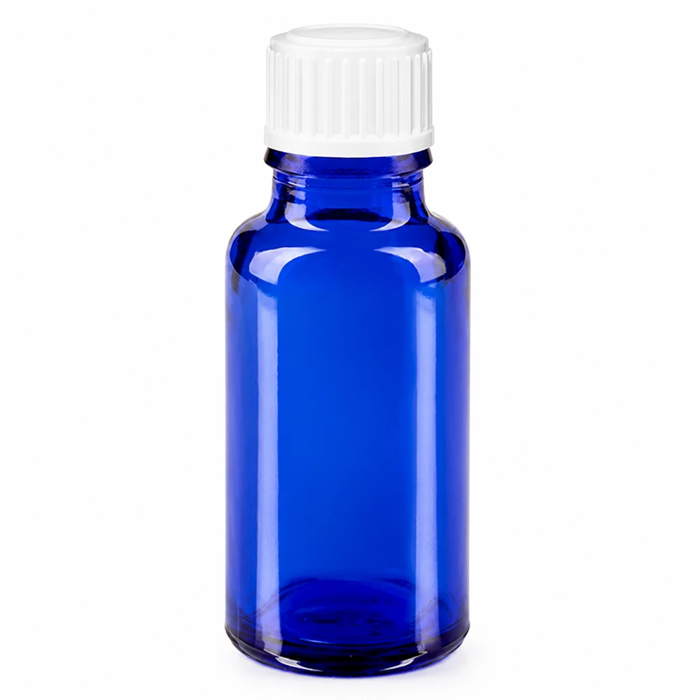 Flacon à pharmacie bleu 20ml bouchon à vis blanc standard Flacon en verre bleu cobalt de 20 ml avec bouchon standard blanc pour pharmacies
