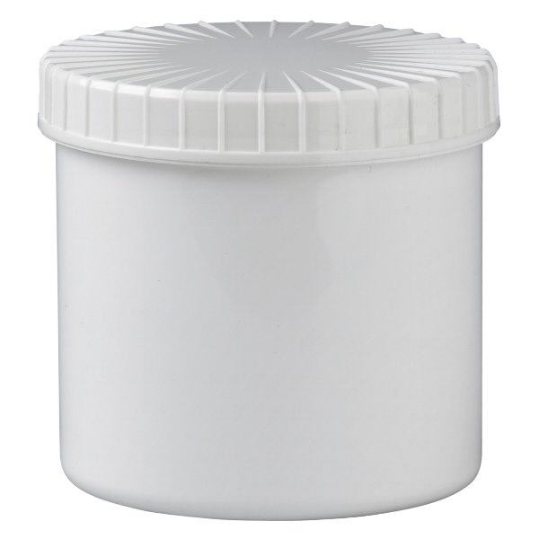 Pot en plastique blanc 375 ml + couvercle à vis blanc strié en PE, fermeture standard Pot en plastique blanc 375 ml + couvercle à vis blanc strié en PE, fermeture standard