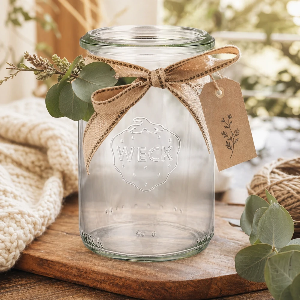 WECK Pot cylindrique 145ml RR40 avec ruban et pendentif décor rustique sur planche en bois avec eucalyptus
