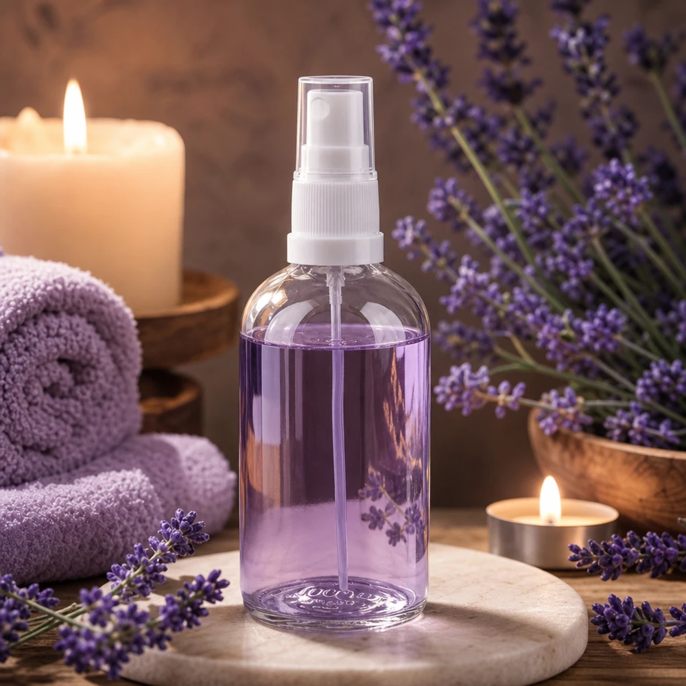 Flacon vaporisateur transparent de 100 ml rempli d'huile de lavande, avec diffuseur blanc Spa Ambiente ClearLine