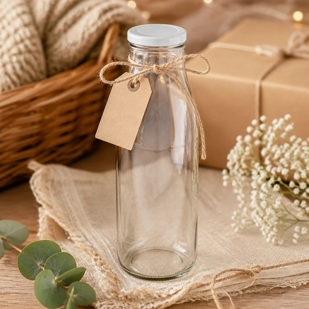 500ml Bouteille avec couvercle BasicSeal blanc UNiTWIST Bouteille en verre de 500 ml avec couvercle blanc décoratif avec corde de jute et pendentif design cadeau rustique