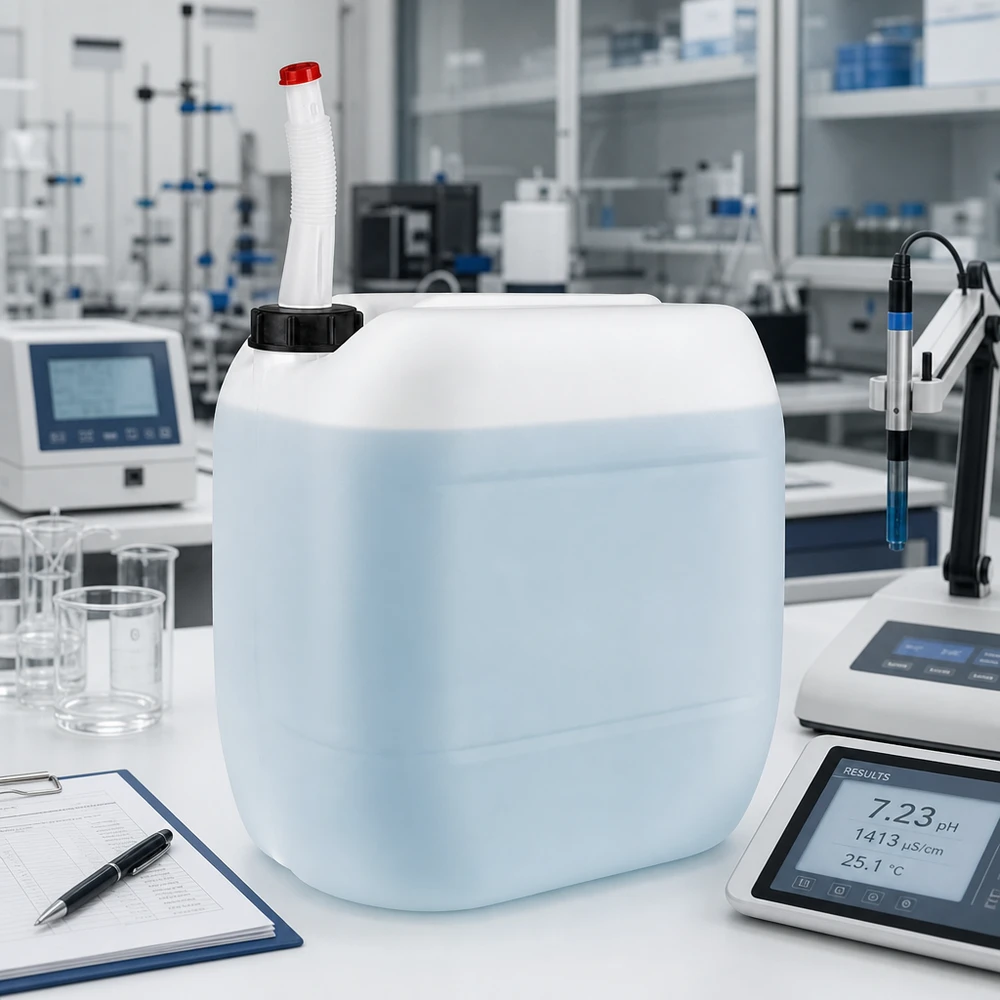 Bidon 30 litres avec tuyau d'écoulement Flex Bidon de laboratoire bleu clair de 30 L avec tuyau de vidange flexible, à côté d'un pH-mètre et d'une électrode