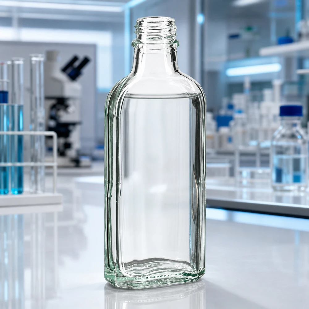 Flasque transparente de 100 ml au goulot DIN 22 Flacon transparent à fond plat de 100 ml, avec goulot DIN22, posé sur un plan de travail de laboratoire blanc