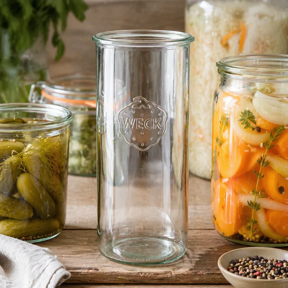 Bocal en verre WECK RR100 de 1 500 ml WECK Pot de 1500ml RR100 vide à côté de bocaux remplis de légumes et d'épices sur une table en bois