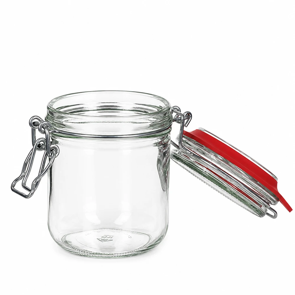 Boîte de conservation en verre transparent de 400 ml avec joint en caoutchouc rouge et fermeture à anse métallique pour un stockage étanche à l'air