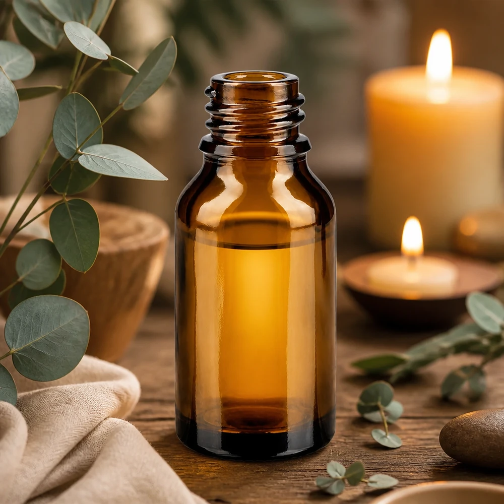 Flacon avec compte-gouttes 15 ml DIN18 - verre ambré Bouteille en verre brun de 15ml ApoGlas vide sur table en bois avec bougies à l'eucalyptus et serviette Ambiance Aromathérapie