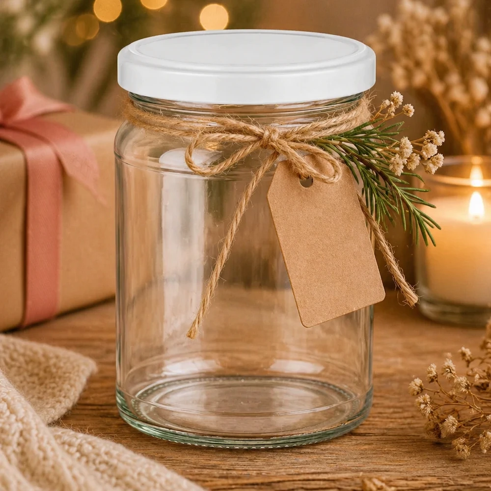 205ml Verre rond avec couvercle BasicSeal blanc UNiTWIST 205ml Rundglas mit weißem Deckel als Geschenkverpackung dekoriert mit Juteschnur und Geschenkanhänger