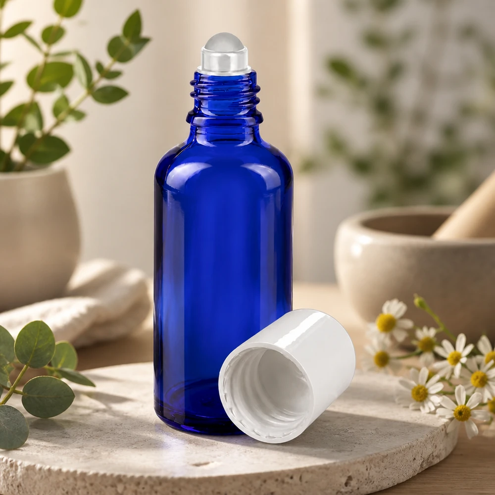 Flacon de pharmacie bleu 50ml Roll-On bouchon blanc Flacon à bille de 50 ml en verre de pharmacie bleu cobalt avec une bille transparente en acier inoxydable