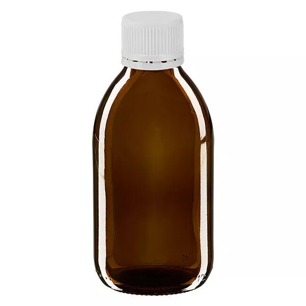Bouteille à usage médical de 250 ml, marron, avec bouchon blanc d'origine Bouteille à usage médical de 250 ml, marron, avec bouchon blanc d'origine