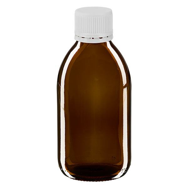 Bouteille à usage médical de 250 ml, marron, avec bouchon blanc d'origine Bouteille à usage médical de 250 ml, marron, avec bouchon blanc d'origine